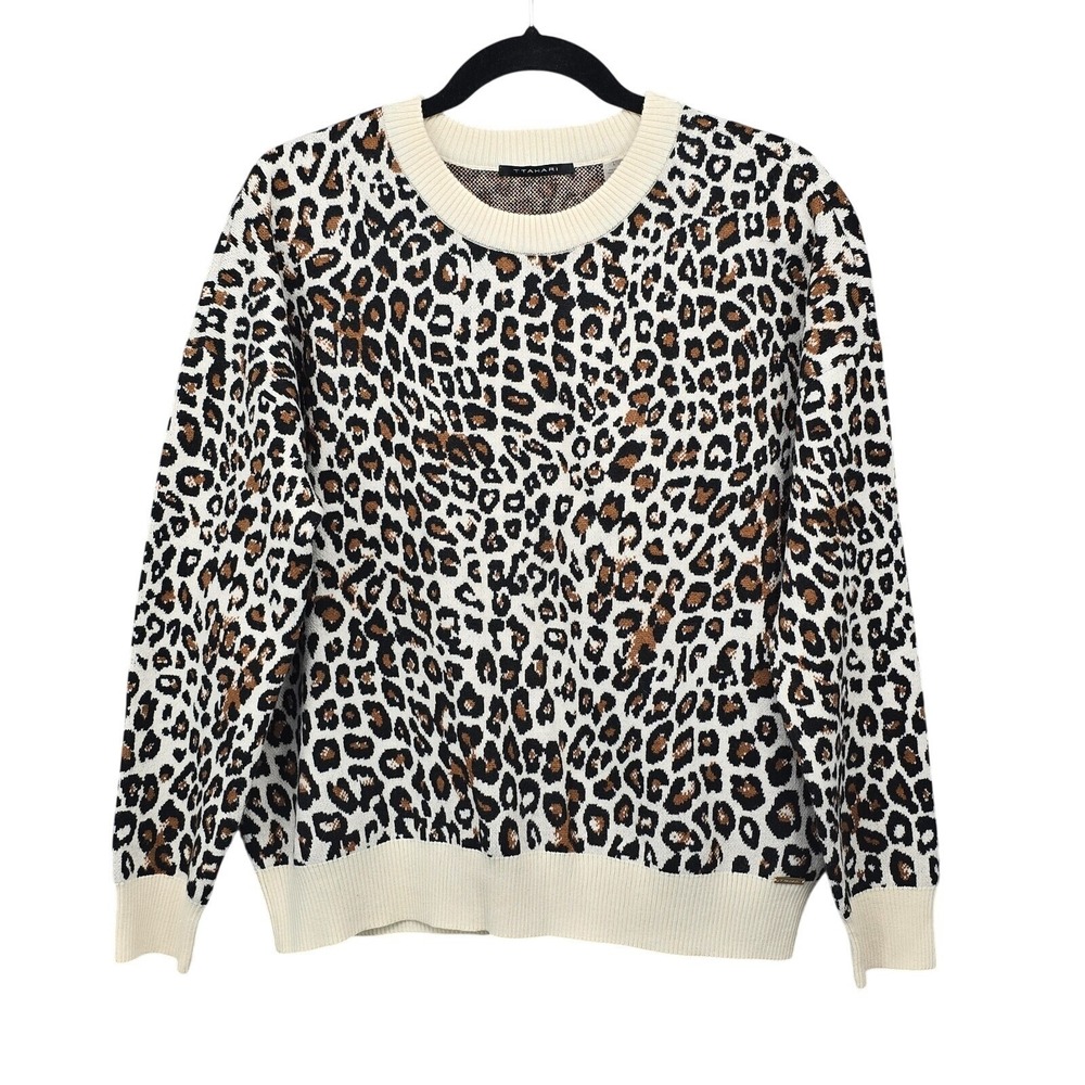 T Tahari Sweater Womens Large Leopard Print Crewneck Cream Black Tan Casual Chic